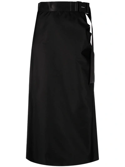 Prada Logo Buckle Belt Midi Skirt In Black
