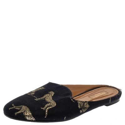 Pre-owned Aquazzura Navy Blue Canvas Tiger Embroidered Mules Flat Size 41