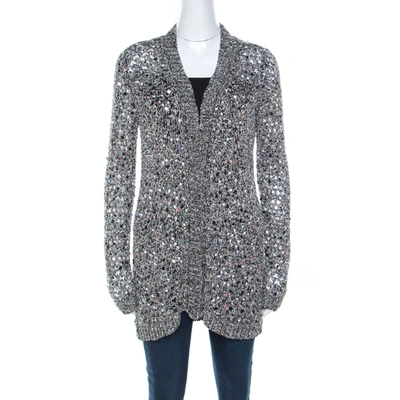 Pre-owned Zac Posen Silver Sequin Embellished Knit Long Sleeve Cardigan L