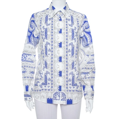 Pre-owned Etro White & Blue Abstract Printed Cotton Button Front Shirt L