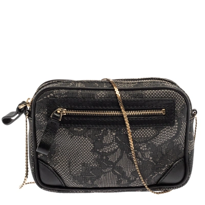 Pre-owned Valentino Garavani Black Lace Print Coated Canvas And Leather Crossbody Bag