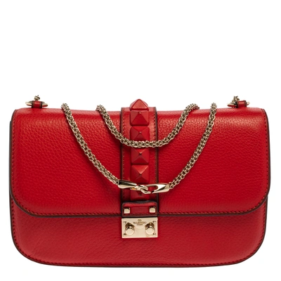 Pre-owned Valentino Garavani Red Lipstick Leather Medium Rockstud Glam Lock Flap Bag