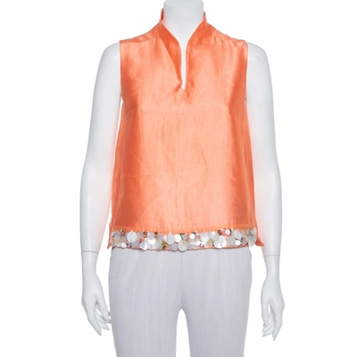 Pre-owned Max Mara Peach Silk Sequin Embellished Sleeveless Top S In Orange
