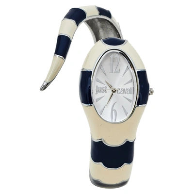 Pre-owned Just Cavalli Silver Enamel Stainless Steel Snake Bracelet Poison Women's Wristwatch 27 Mm