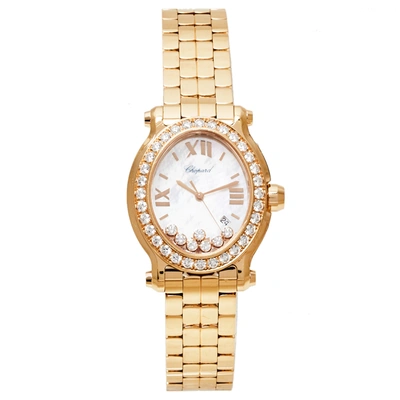 Pre-owned Chopard Mop 18k Yellow Gold Diamonds Happy Sport 5350 Women's Wristwatch 30 Mm In White