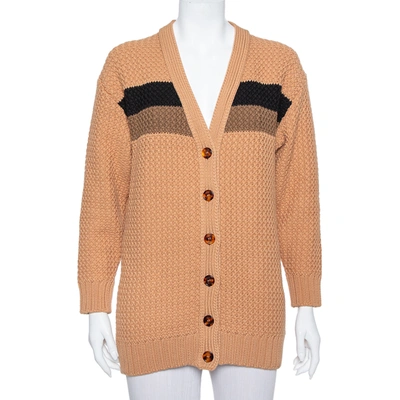 Pre-owned Fendi Brown Cable Knit Stripe Detail Cardigan Xs