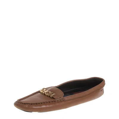 Pre-owned Carolina Herrera Brown Leather Logo Detail Flats Size 37