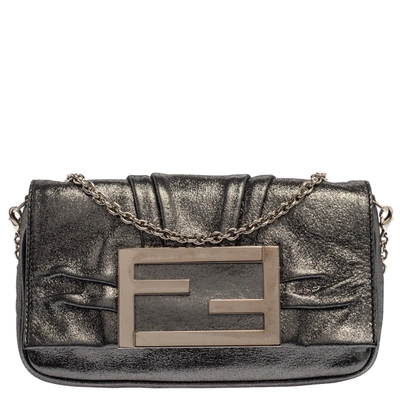 Pre-owned Fendi Metallic Silver Leather Mia Pochette Bag In Grey