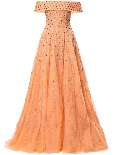 Saiid Kobeisy Beaded Bandeau Princess Gown In Orange