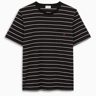 Saint Laurent Embroidered Logo Striped T-shirt In Black,red,white