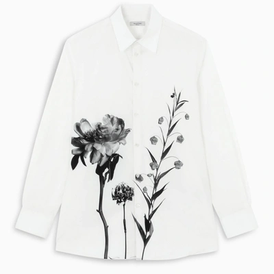 Valentino Floral Print Long Sleeve Button-up Poplin Shirt In White