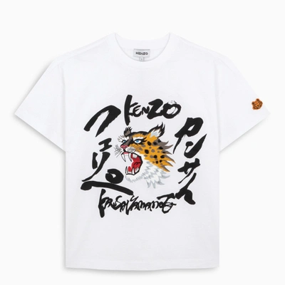 Kenzo White Oversize T-shirt With Tiger And Lettering Print