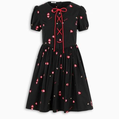 Miu Miu Floral-embroidered Lace-up Mini-dress In Black