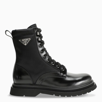 Prada Black Leather And Fabric Combat Boots