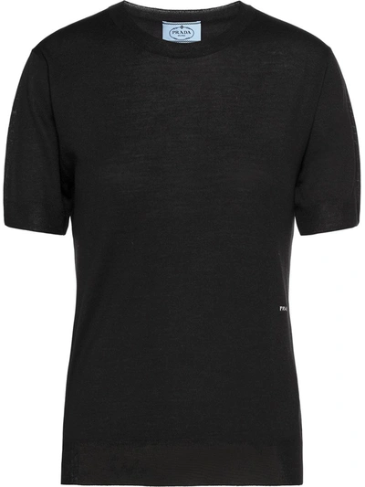 Prada Embroidered Logo Short-sleeve Jumper In Black