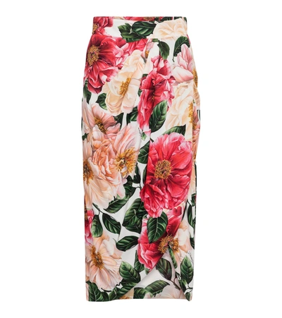 Dolce & Gabbana Camellia Print Stretch Cady Tulip Midi Skirt In Pink/green