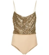 BALMAIN SEQUINED STRETCH-JERSEY BODYSUIT,P00526716