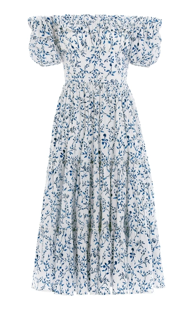 Agua By Agua Bendita Banana Ruffled Floral-print Cotton Midi Dress In White/blue