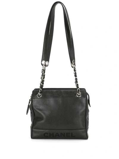 Pre-owned Chanel 1997 Embossed Logo Tote Bag In Black