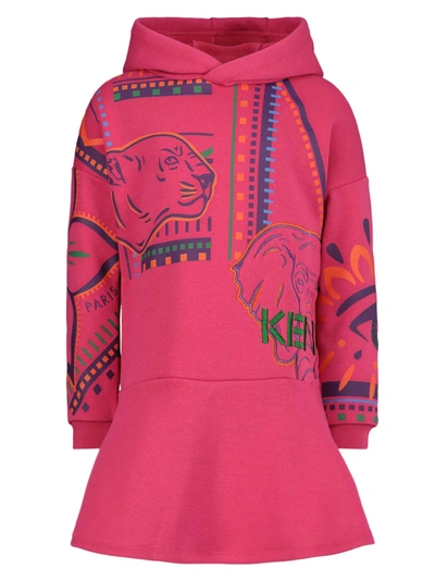 Kenzo Kids' Fuchsia Tiger And Friends Hooded Sweat Dress In Pink