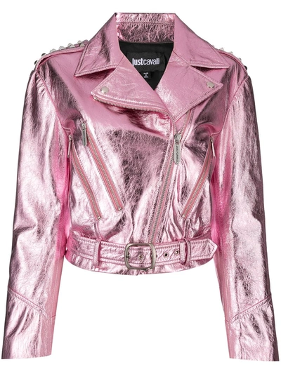 Just Cavalli Metallic Cropped Biker Jacket In Pink
