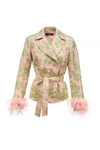ANDREEVA PINK JACQUARD JACKET №19 WITH DETACHABLE FEATHER CUFFS
