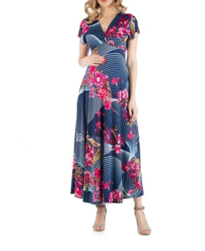 24seven Comfort Apparel Maternity Empire Waist V Neck Floral Print Maxi Dress