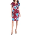 24SEVEN COMFORT APPAREL FLORAL PRINT FAUX WRAP OVER DRESS WITH CAP SLEEVES