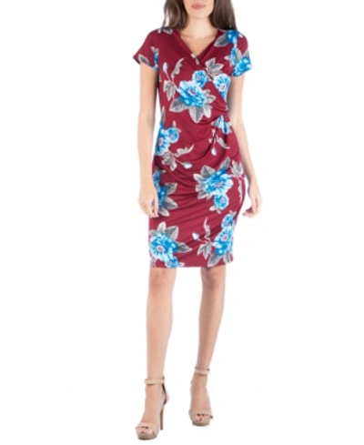 24seven Comfort Apparel Floral Print Faux Wrap Over Dress With Cap Sleeves In Multi