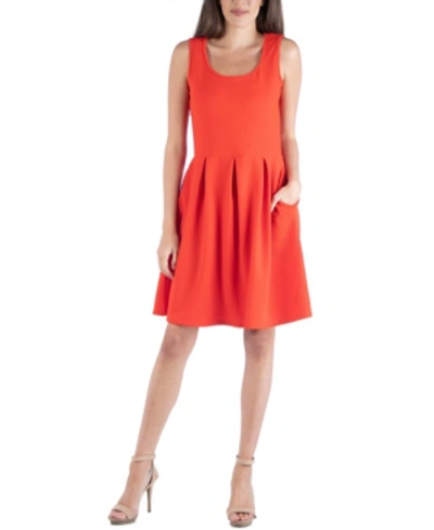 24seven Comfort Apparel Sleeveless Skater Pleated Mini Dress With Pockets In Orange