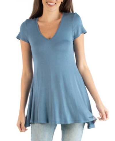 24seven Comfort Apparel Women's Short Sleeve Loose Fit Tunic Top With V-neck In Blue