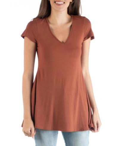 24seven Comfort Apparel Women's Short Sleeve Loose Fit Tunic Top In Brown
