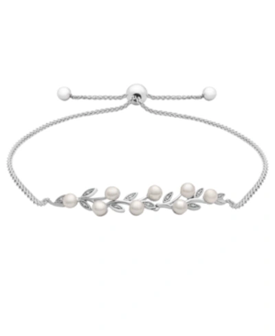 Macy's Cultured Freshwater Pearl (4mm) And Diamond (1/20 Ct. T.w.) Bolo Bracelet In Sterling Silver