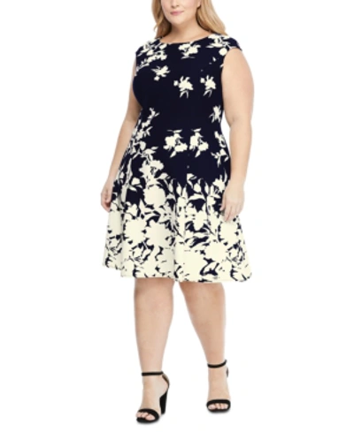 London Times Plus Size Scuba-crepe Floral-print Fit & Flare Dress In Navy/cream