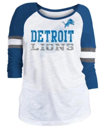 5th & Ocean Women's Detroit Lions Three-quarter Sleeve Slub Raglan T-shirt In White/blue/gray