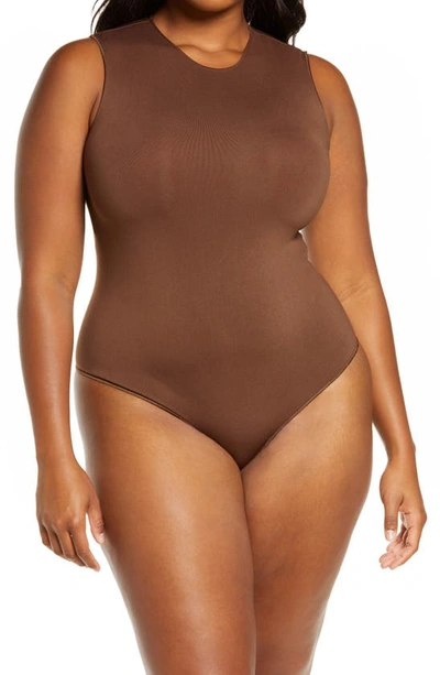 Skims Brown Essential Thong Bodysuit In Smokey Quartz