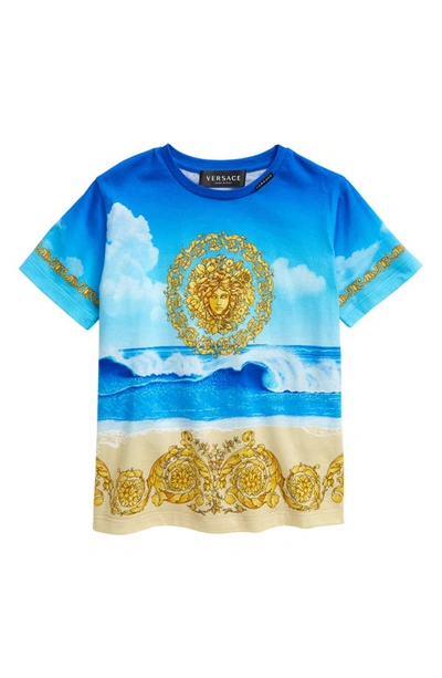 Versace Kids' Logo Print Cotton Jersey T-shirt In Blue