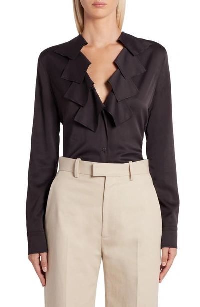 Bottega Veneta Ruffle V-neck Blouse In Chocolate