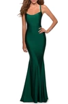 La Femme Dramatic Lace Up Back Form Fitting Dress In Emerald