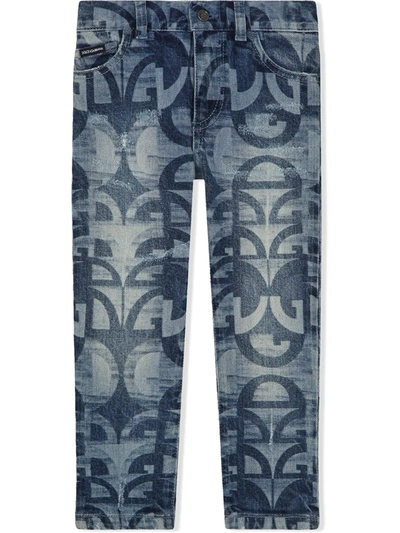 Dolce & Gabbana Kids' Dg-print Straight-leg Jeans In Blue