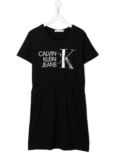 Calvin Klein Teen Metallic Logo Print T-shirt Dress In Black