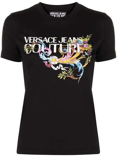 Versace Jeans Couture Floral Logo-print T-shirt In Black