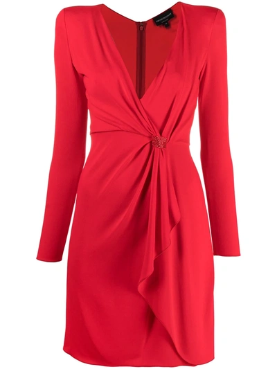 Emporio Armani Draped-front Long-sleeve Faux-wrap Dress In Red