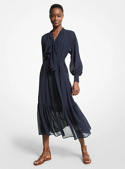 polka dot georgette tie neck midi dress Michael Kors Polka Dot Georgette Tie-neck Dress In Blue