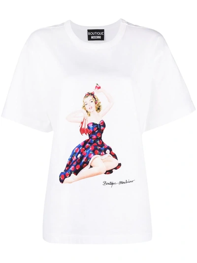 Boutique Moschino Pin-up Girl Cotton T-shirt In Fantasia Bianco