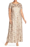 Alex Evenings Rosette Lace Short Sleeve A-line Gown In Champagne