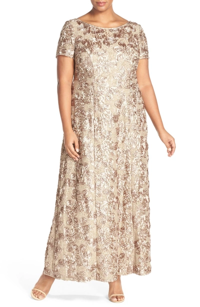 Alex Evenings Rosette Lace Short Sleeve A-line Gown In Champagne