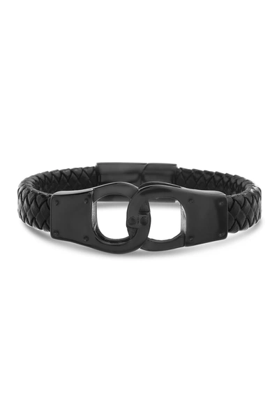 Steve Madden Black Ip Stainless Steel Interlock Design Black Leather Braided Chain Bracelet
