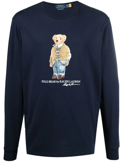 Polo Ralph Lauren Bear Print Long Sleeve Top In Cruise Navy In Blue