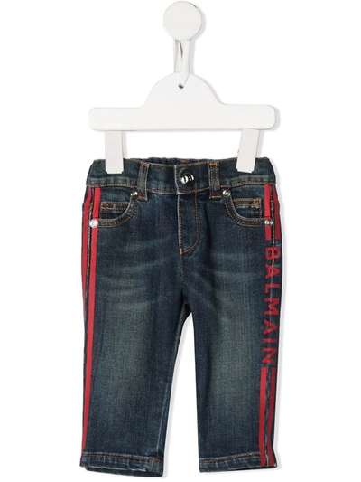 Balmain Babies' Newborn Blue Jeans With Red Logo And Stripes In Denim